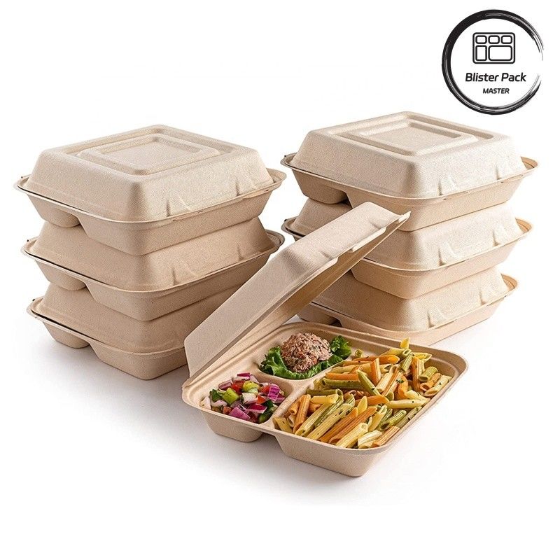 بليستر Eco Compostable Clamshell 3 کمپارتمان یکبار مصرف جعبه ناهار